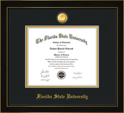 Image of Florida State University Diploma Frame - Honors Black Satin - w/24k Gold-Plated Medallion FSU Name Embossing - Black on Gold mats