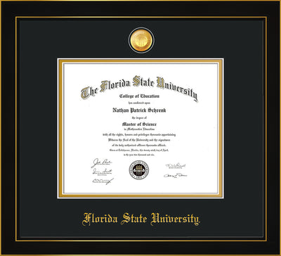 Image of Florida State University Diploma Frame - Honors Black Satin - w/24k Gold-Plated Medallion FSU Name Embossing - Black on Gold mats