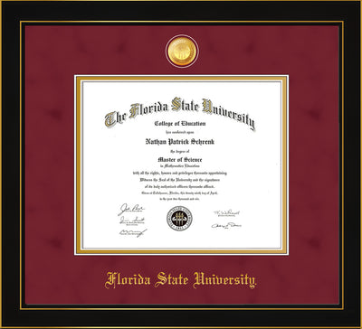 Image of Florida State University Diploma Frame - Honors Black Satin - w/24k Gold-Plated Medallion FSU Name Embossing - Garnet Suede on Gold mats