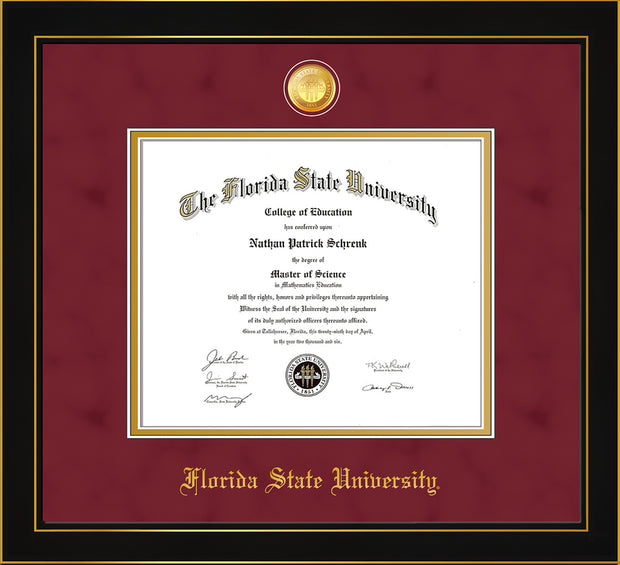 Image of Florida State University Diploma Frame - Honors Black Satin - w/24k Gold-Plated Medallion FSU Name Embossing - Garnet Suede on Gold mats