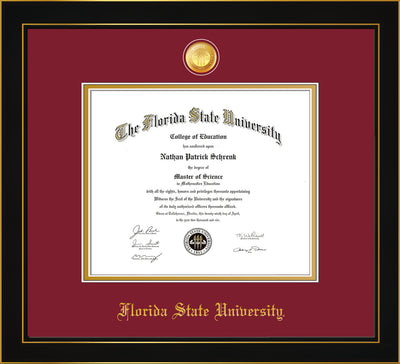 Image of Florida State University Diploma Frame - Honors Black Satin - w/24k Gold-Plated Medallion FSU Name Embossing - Garnet on Gold mats