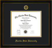 Image of Florida State University Diploma Frame - Honors Black Satin - w/Embossed FSU Seal & Name - Black on Gold mats