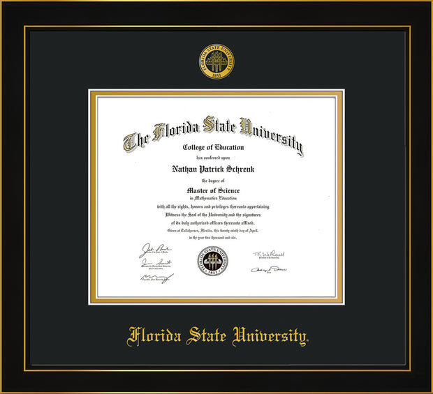 Image of Florida State University Diploma Frame - Honors Black Satin - w/Embossed FSU Seal & Name - Black on Gold mats