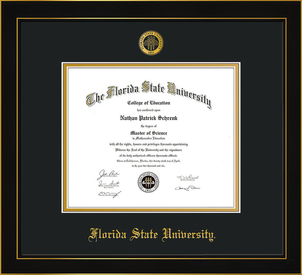 Image of Florida State University Diploma Frame - Honors Black Satin - w/Embossed FSU Seal & Name - Black on Gold mats