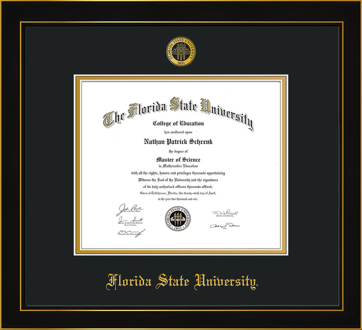Image of Florida State University Diploma Frame - Honors Black Satin - w/Embossed FSU Seal & Name - Black on Gold mats