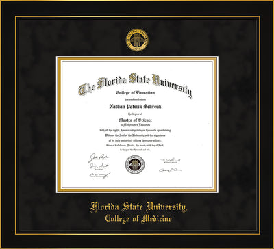 Image of Florida State University Diploma Frame - Honors Black Satin - w/Embossed FSU Seal & College of Medicine Name - Black Suede on Gold mats