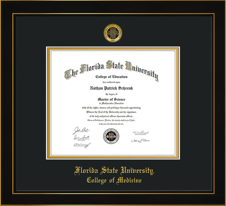Image of Florida State University Diploma Frame - Honors Black Satin - w/Embossed FSU Seal & College of Medicine Name - Black on Gold mats
