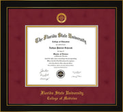 Image of Florida State University Diploma Frame - Honors Black Satin - w/Embossed FSU Seal & College of Medicine Name - Garnet Suede on Gold mats