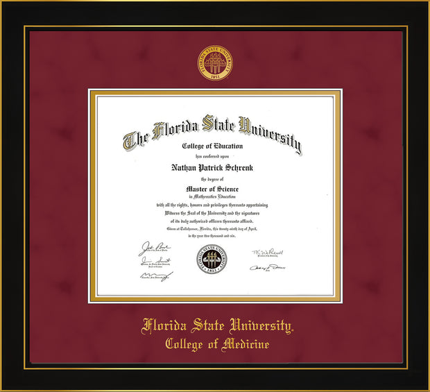 Image of Florida State University Diploma Frame - Honors Black Satin - w/Embossed FSU Seal & College of Medicine Name - Garnet Suede on Gold mats