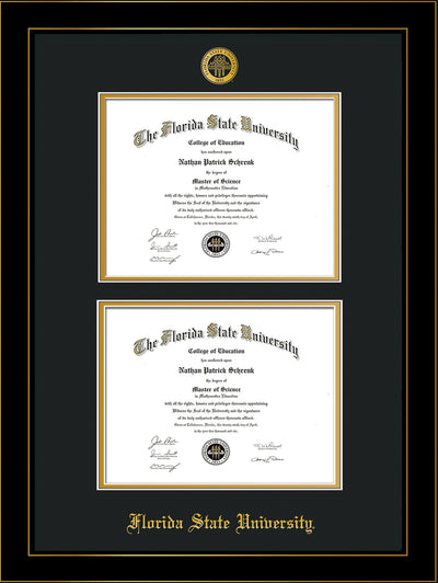 Image of Florida State University Diploma Frame - Honors Black Satin - w/Embossed FSU Seal & Name - Double Diploma - Black on Gold mats