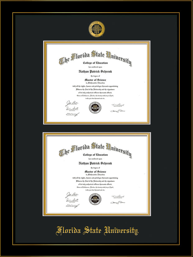 Image of Florida State University Diploma Frame - Honors Black Satin - w/Embossed FSU Seal & Name - Double Diploma - Black on Gold mats