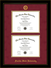 Image of Florida State University Diploma Frame - Honors Black Satin - w/Embossed FSU Seal & Name - Double Diploma - Garnet Suede on Gold mats