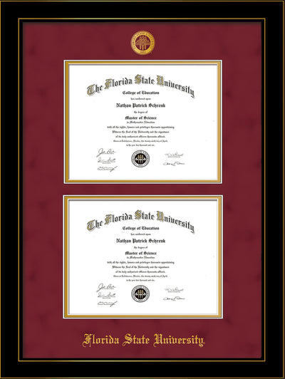 Image of Florida State University Diploma Frame - Honors Black Satin - w/Embossed FSU Seal & Name - Double Diploma - Garnet Suede on Gold mats