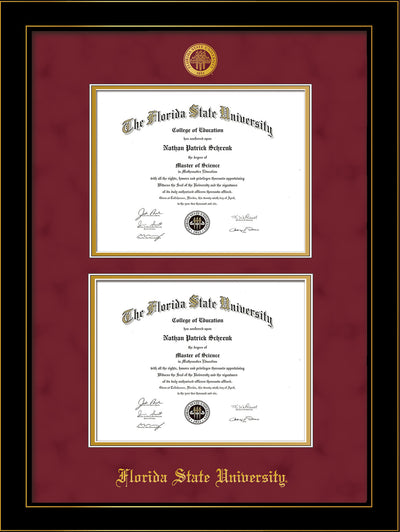 Image of Florida State University Diploma Frame - Honors Black Satin - w/Embossed FSU Seal & Name - Double Diploma - Garnet Suede on Gold mats