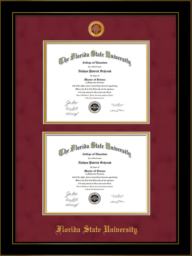 Image of Florida State University Diploma Frame - Honors Black Satin - w/Embossed FSU Seal & Name - Double Diploma - Garnet Suede on Gold mats