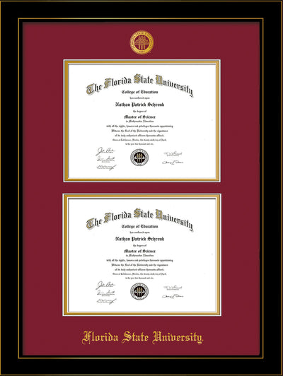 Image of Florida State University Diploma Frame - Honors Black Satin - w/Embossed FSU Seal & Name - Double Diploma - Garnet on Gold mats