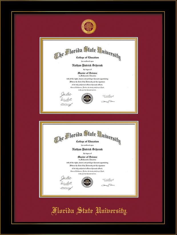 Image of Florida State University Diploma Frame - Honors Black Satin - w/Embossed FSU Seal & Name - Double Diploma - Garnet on Gold mats