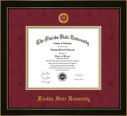 Image of Florida State University Diploma Frame - Honors Black Satin - w/Embossed FSU Seal & Name - Garnet Suede on Gold mats