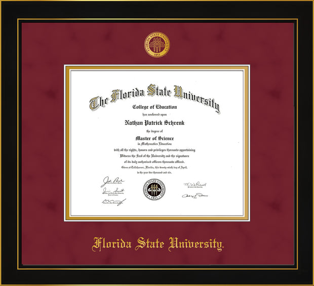 Image of Florida State University Diploma Frame - Honors Black Satin - w/Embossed FSU Seal & Name - Garnet Suede on Gold mats