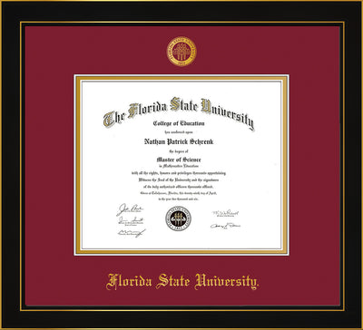 Image of Florida State University Diploma Frame - Honors Black Satin - w/Embossed FSU Seal & Name - Garnet on Gold mats