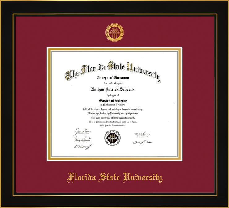 Image of Florida State University Diploma Frame - Honors Black Satin - w/Embossed FSU Seal & Name - Garnet on Gold mats