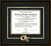 Image of Georgia Tech Diploma Frame - Honors Black Satin - w/3-D Laser GT Logo Cutout - Black on Gold mat