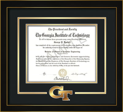 Image of Georgia Tech Diploma Frame - Honors Black Satin - w/3-D Laser GT Logo Cutout - Black on Gold mat