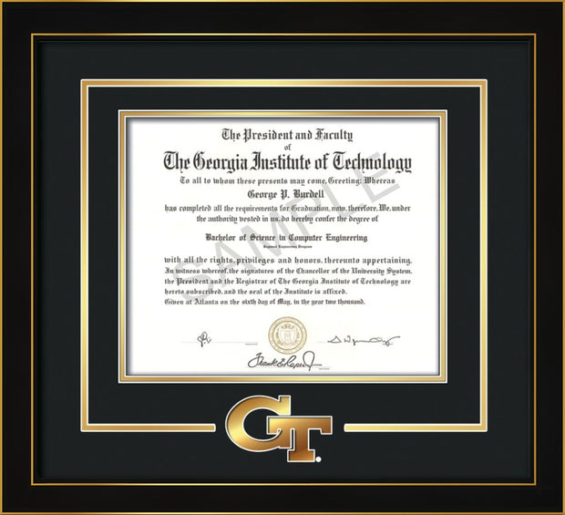 Image of Georgia Tech Diploma Frame - Honors Black Satin - w/3-D Laser GT Logo Cutout - Black on Gold mat