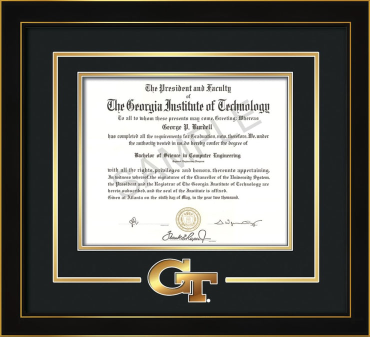 Image of Georgia Tech Diploma Frame - Honors Black Satin - w/3-D Laser GT Logo Cutout - Black on Gold mat