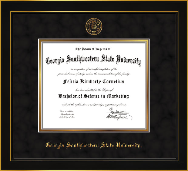 Image of Georgia Southwestern State University Diploma Frame - Honors Black Satin - w/Embossed Seal & Name - Black Suede on Gold mat