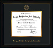 Image of Georgia Southwestern State University Diploma Frame - Honors Black Satin - w/Embossed Seal & Name - Black on Gold mat