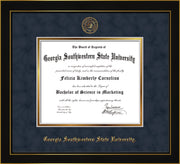 Image of Georgia Southwestern State University Diploma Frame - Honors Black Satin - w/Embossed Seal & Name - Navy Suede on Gold mat