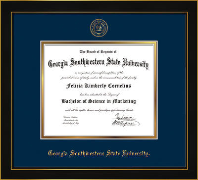 Image of Georgia Southwestern State University Diploma Frame - Honors Black Satin - w/Embossed Seal & Name - Navy on Gold mat