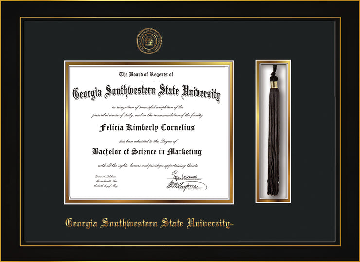 Image of Georgia Southwestern State University Diploma Frame - Honors Black Satin - w/Embossed Seal & Name - Tassel Holder - Black on Gold mat