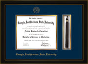 Image of Georgia Southwestern State University Diploma Frame - Honors Black Satin - w/Embossed Seal & Name - Tassel Holder - Navy on Gold mat