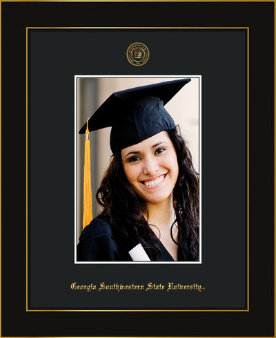 Image of Georgia Southwestern State University 5 x 7 Photo Frame - Honors Black Satin - w/Official Embossing of GSW Seal & Name - Single Black mat