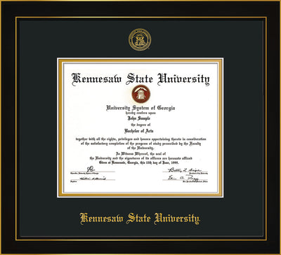 Image of Kennesaw State University Diploma Frame - Honors Black Satin - w/Embossed KSU Seal & Name - Black on Gold mats