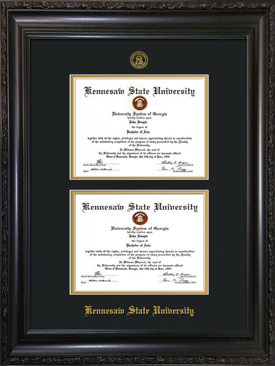 Image of Kennesaw State University Diploma Frame - Flat Matte Black - with KSU Seal - Double Diploma - Black on Gold mat