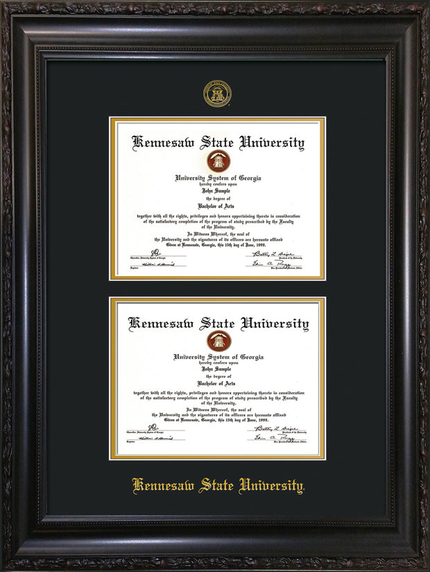 Image of Kennesaw State University Diploma Frame - Flat Matte Black - with KSU Seal - Double Diploma - Black on Gold mat