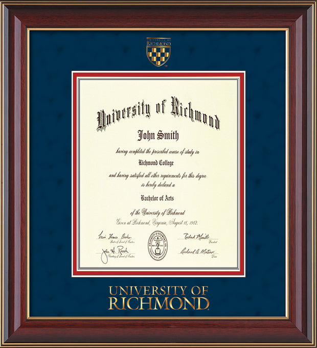 Image of University of Richmond Diploma Frame - Cherry Lacquer - w/Embossed Seal & Wordmark - Navy Suede on Red mats - LAW size