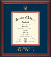 Image of University of Richmond Diploma Frame - Cherry Reverse - w/Embossed Seal & Wordmark - Navy Suede on Red mats - LAW size