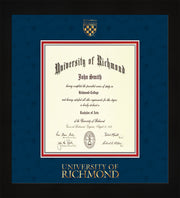 Image of University of Richmond Diploma Frame - Flat Matte Black - w/Embossed Seal & Wordmark - Navy Suede on Red mats - LAW size