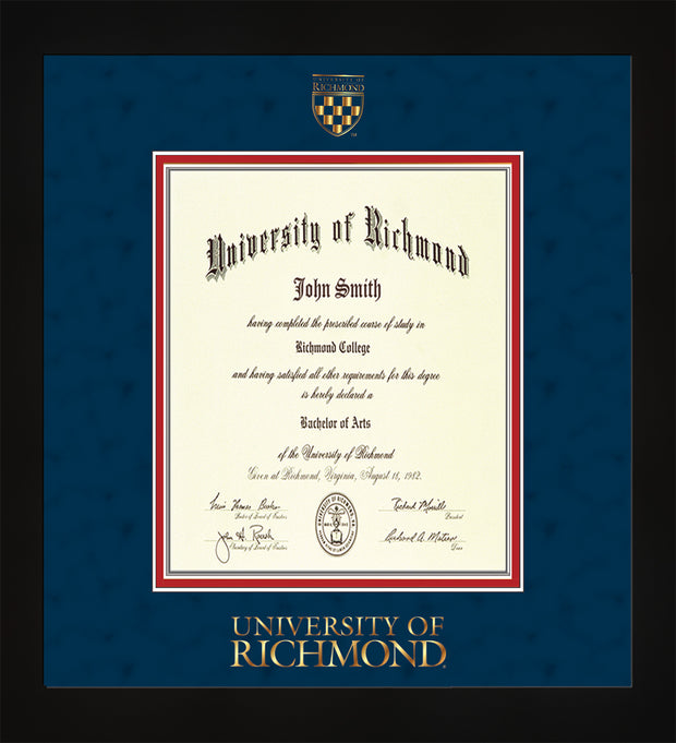 Image of University of Richmond Diploma Frame - Flat Matte Black - w/Embossed Seal & Wordmark - Navy Suede on Red mats - LAW size