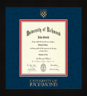 Image of University of Richmond Diploma Frame - Flat Matte Black - w/Embossed Seal & Wordmark - Navy Suede on Red mats - LAW size