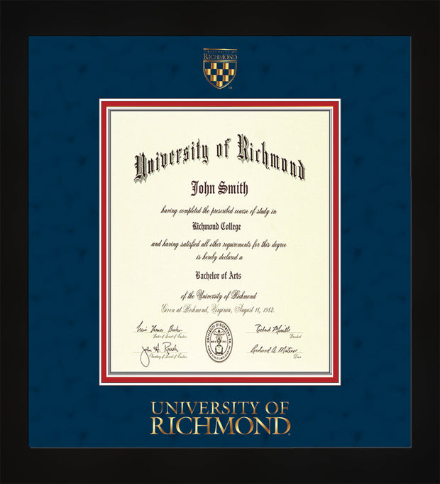 Image of University of Richmond Diploma Frame - Flat Matte Black - w/Embossed Seal & Wordmark - Navy Suede on Red mats - LAW size