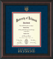 Image of University of Richmond Diploma Frame - Mahogany Braid - w/Embossed Seal & Wordmark - Navy Suede on Red mats - LAW size