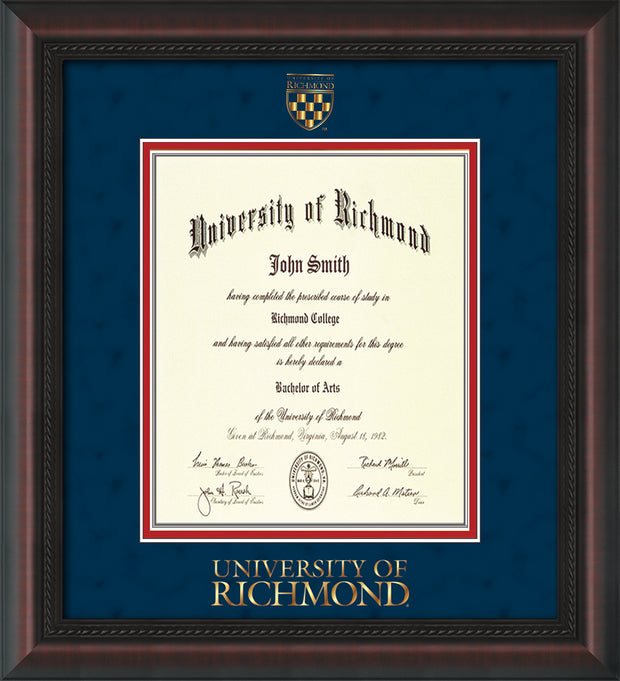 Image of University of Richmond Diploma Frame - Mahogany Braid - w/Embossed Seal & Wordmark - Navy Suede on Red mats - LAW size