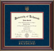Image of University of Richmond Diploma Frame - Cherry Lacquer - w/Embossed Seal & Wordmark - Navy Suede on Red mats