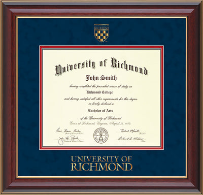 Image of University of Richmond Diploma Frame - Cherry Lacquer - w/Embossed Seal & Wordmark - Navy Suede on Red mats