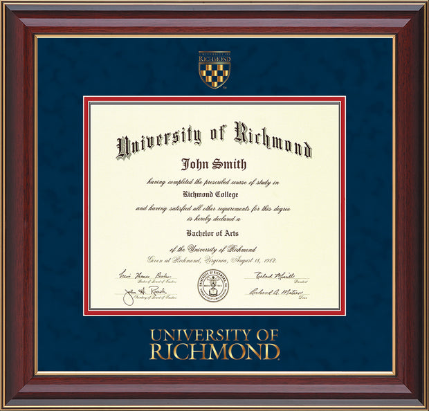 Image of University of Richmond Diploma Frame - Cherry Lacquer - w/Embossed Seal & Wordmark - Navy Suede on Red mats